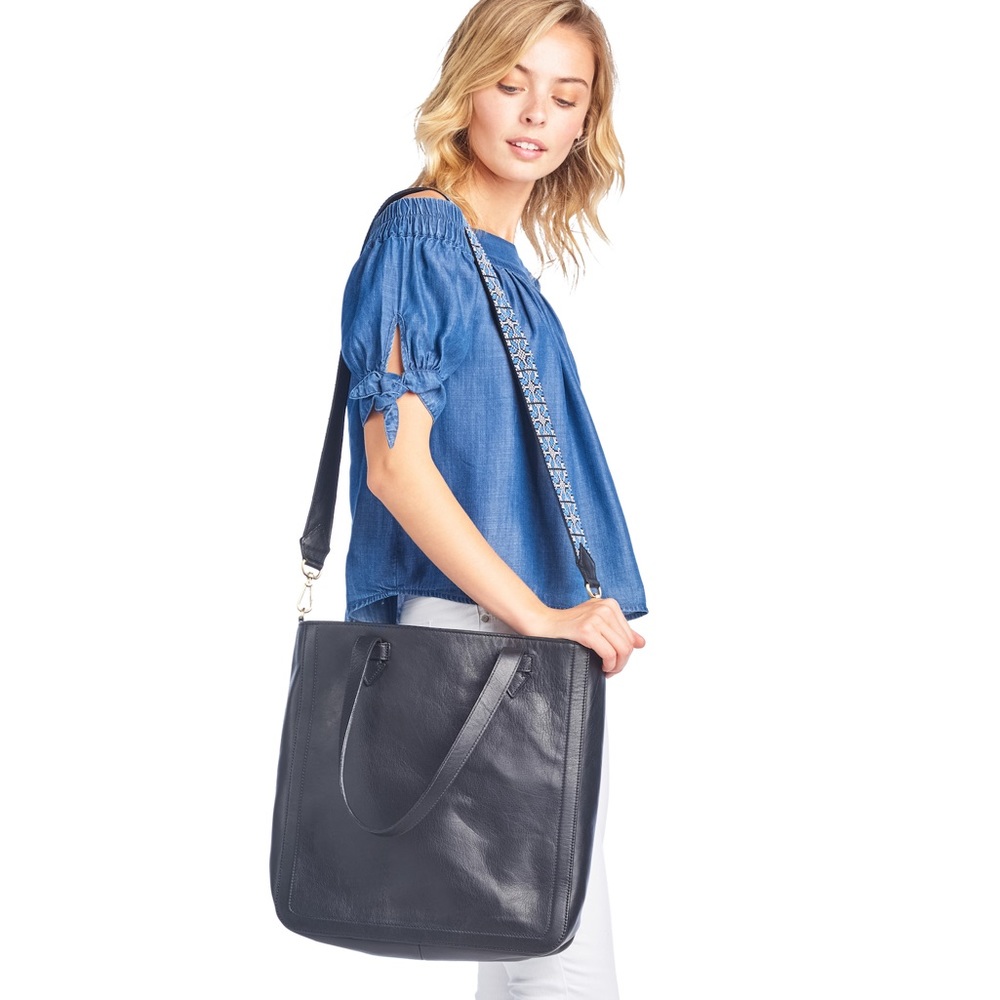Black leather tote bag with Palestinian embroidery shoulder strap. NWT